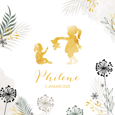 Hip geboortekaartje met silhouet van zusjes met paardenbloemen