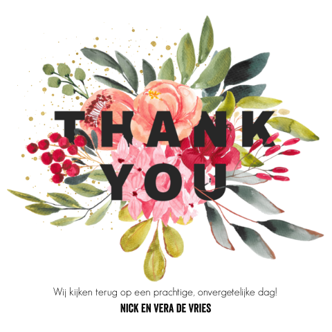 Moderne bedankkaart met bloemenboeket en stoer lettertype