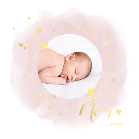 Schattig goudfolie geboortekaartje voor meisje met hartjes en foto