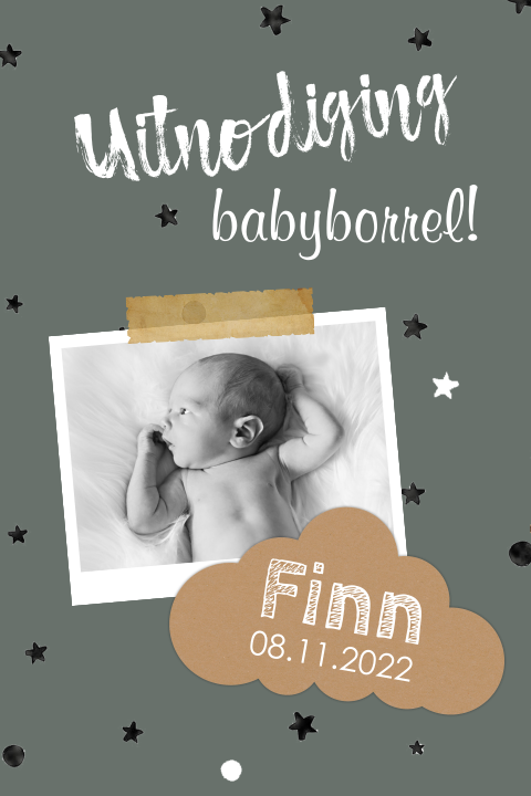 Stoere babyborreluitnodiging met foto en sterren