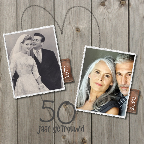 Stoere jubileumkaart voor 50 jaar huwelijk met foto's op hout
