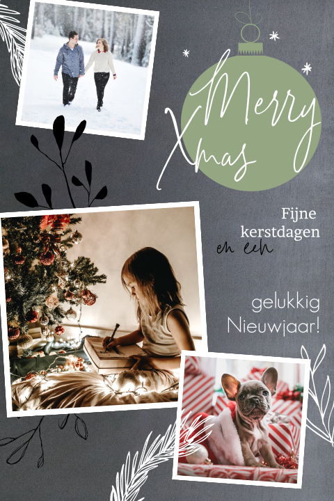 Illustratieve kerstkaart met kerstbal, takjes en foto's