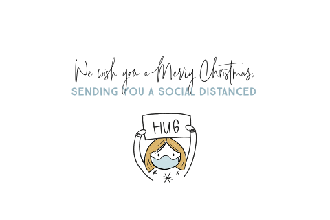 Kerstkaart van deze tijd met illustratie van een vrouw met masker