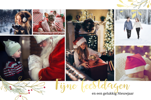 Goudfolie l luxe kerstkaart met foto's en takjes