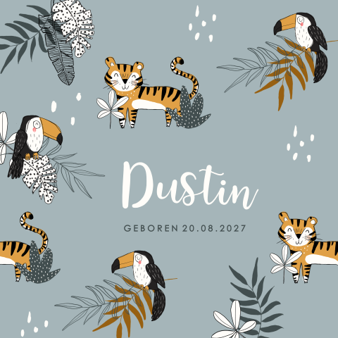 Stoer geboortekaartje voor een jongen met jungle dieren
