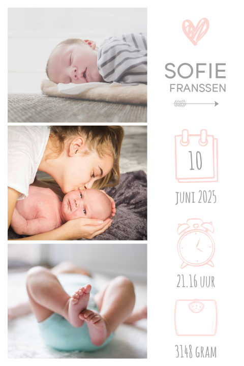 Lieve fotokaart geboorte meisje met roze icoontjes