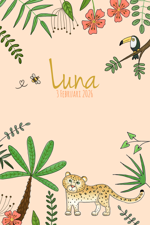 Geboortekaartje voor een meisje met luipaard in jungle