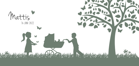 Geboortekaartje met silhouet baby broertje met broer en zus bij boom