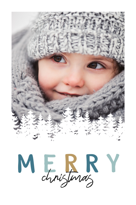 Originele kerstkaart met foto en witte kerstbomen
