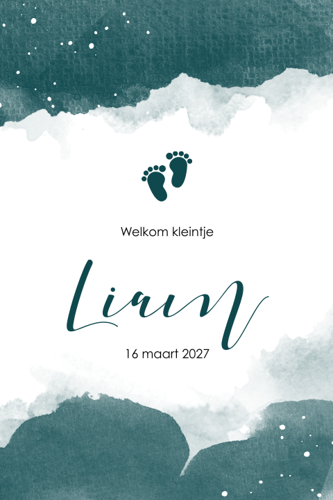 Hip geboortekaartje met petrol waterverf en voetjes