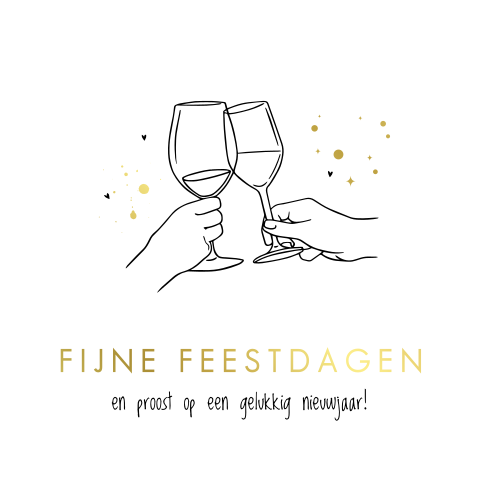 Goudfolie kerstkaart met glazen om te proosten op het nieuwe jaar