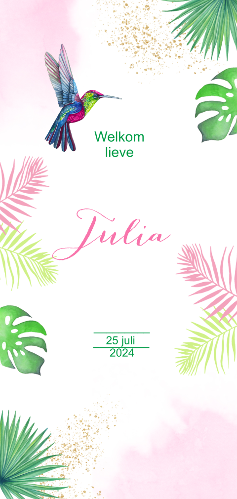 Trendy geboortekaartje meisje met botanische bladeren en kolibrie