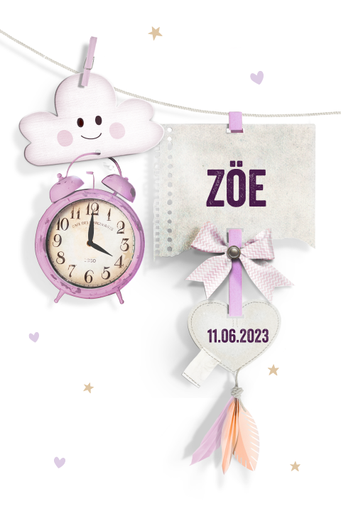 Vintage geboortekaartje voor meisje met wekkertje wolkje en hartje