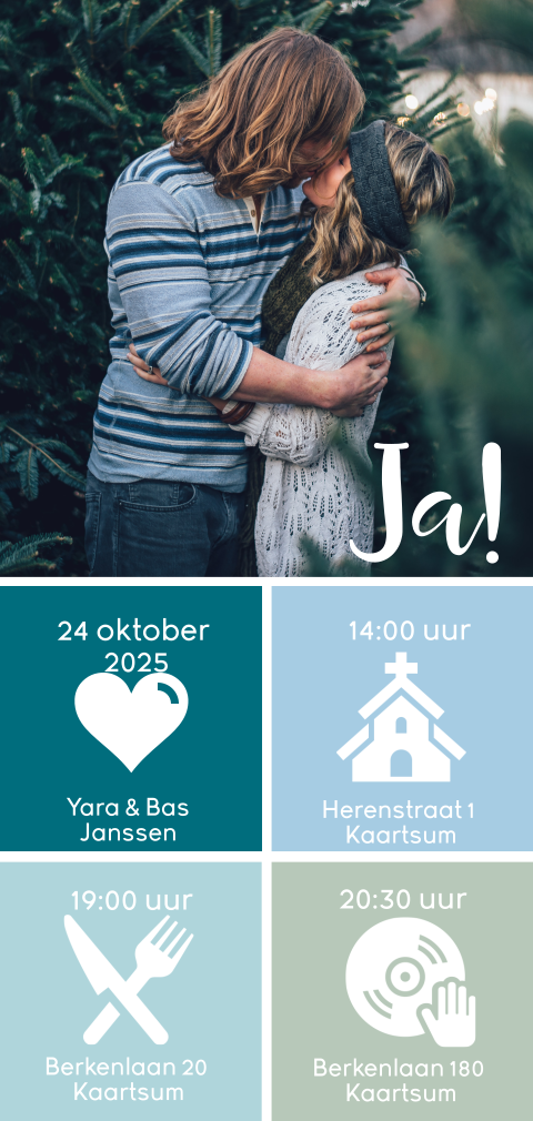Trouwkaart met foto en gekleurde vlakken
