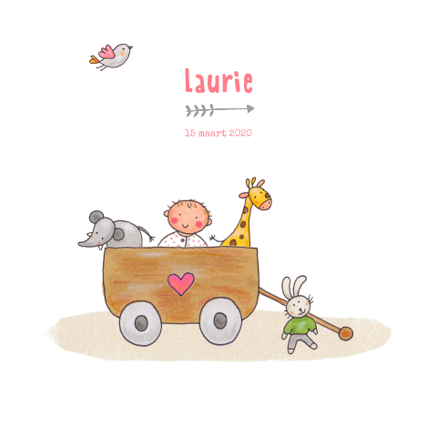 Schattig babykaartje voor een meisje met illustratie bolderkar