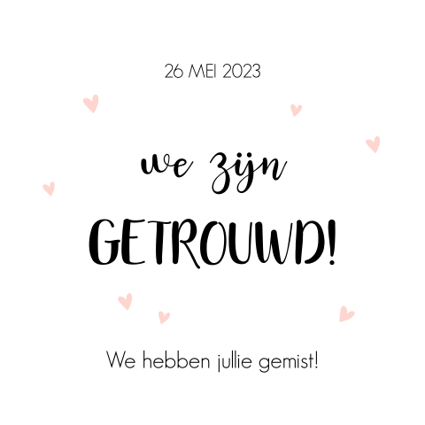 We zijn getrouwd-kaart met roze hartjes