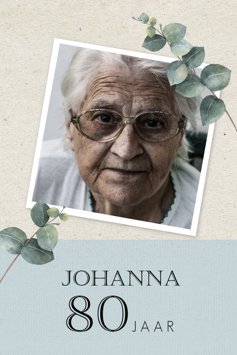 Stijlvolle uitnodiging 80 jaar vrouw met eucalyptus