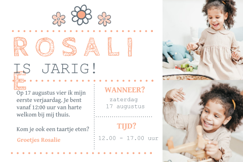 Lief verjaardagskaartje met foto en bloemen