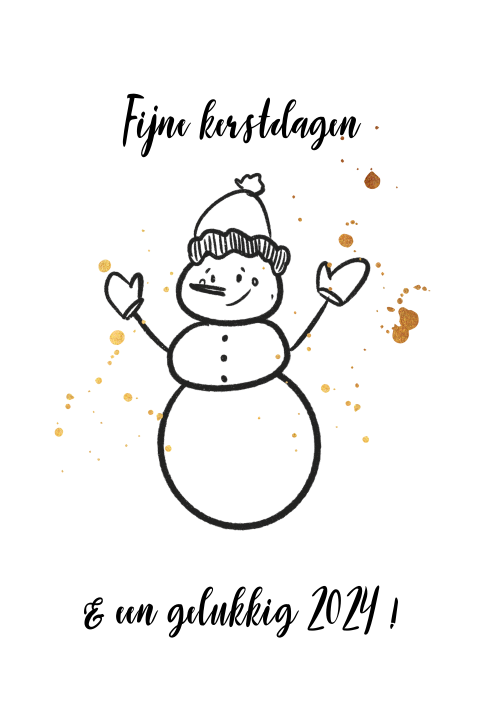 Vrolijke kerstkaart met sneeuwpop en gouden spetters