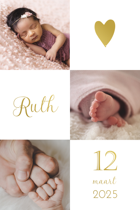 Goudfolie babykaartje met foto's in blokken