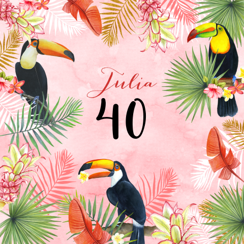 Uitnodiging 40e verjaardag van vrouw met botanische takken en toekan