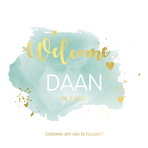 Goudfolie geboortekaart jongen met groene watercolour