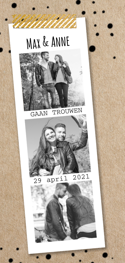 Trendy trouwkaart met fotostrip en stippen