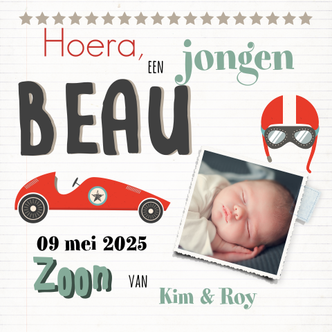 Stoer geboortekaartje met raceauto