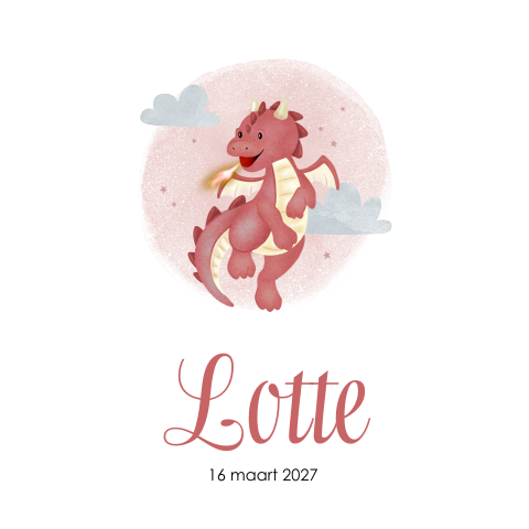 Grappig geboortekaartje met draakje en roze glitters