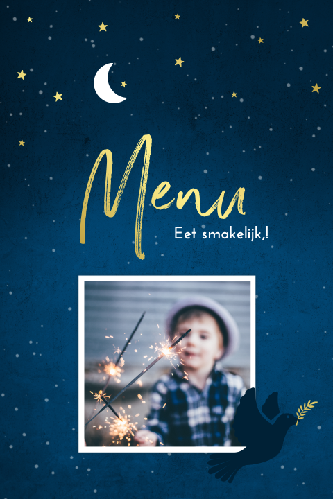 Goudfolie menukaart met sterretjes, duifje en foto op donkerblauw