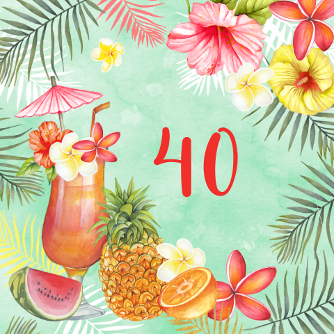 Tropische uitnodiging verjaardag met bloemen en drankjes