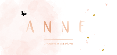 Rosegoudfolie geboortekaartje met lief watercolor en vlindertje