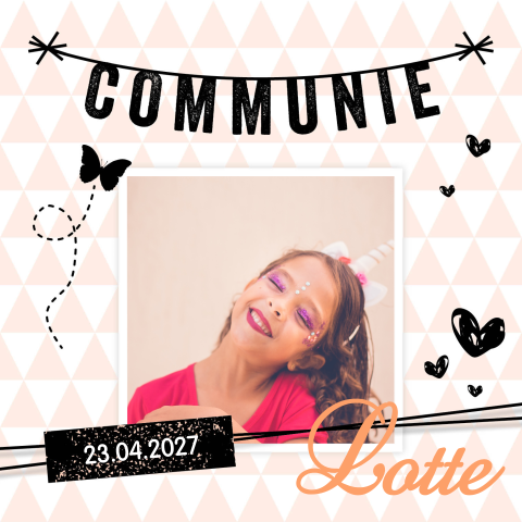 Mooie communiekaart met een vlinder en slinger