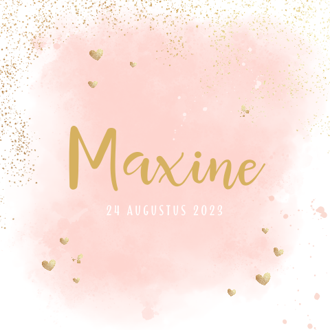 Trendy geboortekaartje met roze waterverf en goudlook hartjes