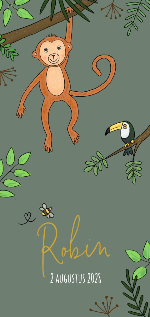 Hip geboortekaartje voor jongen met vrolijke jungle dieren tekeningen