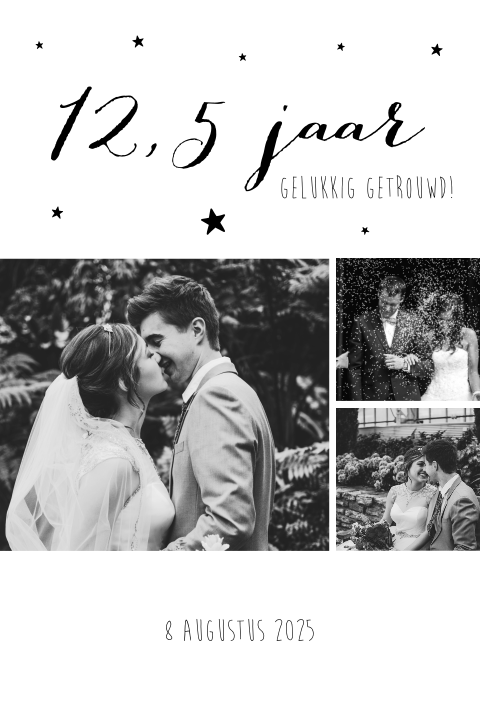 Stoere jubileumkaart met foto's en sterretjes in zwart wit