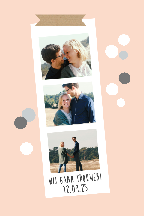 Trouwkaart met fotostrip en confetti