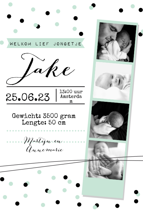 Eigentijds geboortekaartje met fotostrip voor jongen