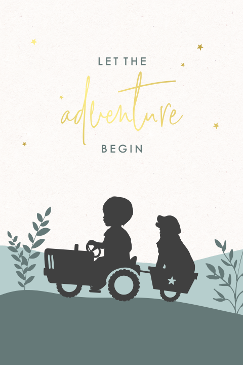 Stoere kinderkamerposter met jongen en hond op tractor