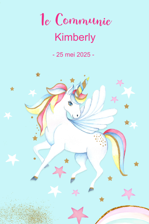 Originele communiekaart met unicorn en sterretjes