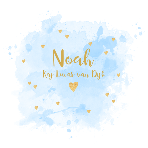 Hip geboortekaartje voor een jongen met aquarel en gouden hartjes