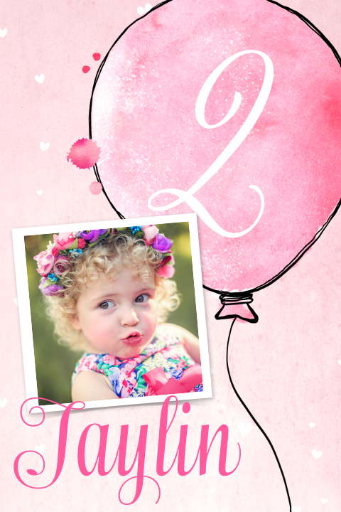 Lieve uitnodiging kinderfeestje meisje met roze watercolor en ballon