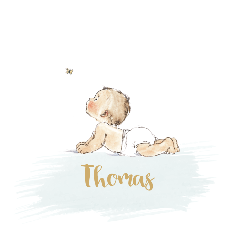 Mooie geboortekaart met de pentekening van een baby en vlinder