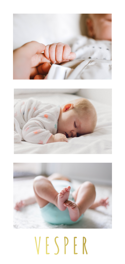 Goudfolie geboortekaartje met fotoframe