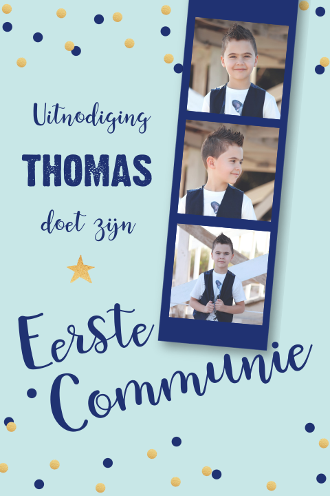 Communiekaart met confetti, ster en fotostrip