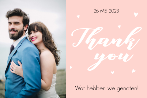 Bedankkaart bruiloft met hartjes en foto