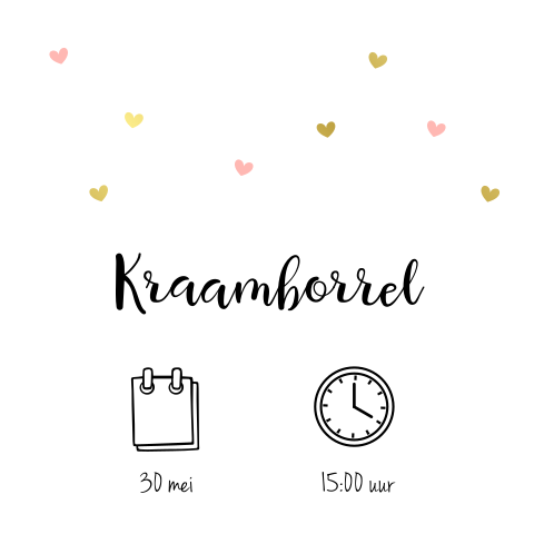 Lief kraamborrelkaartje in goudfolie met hartjes en goudfolie