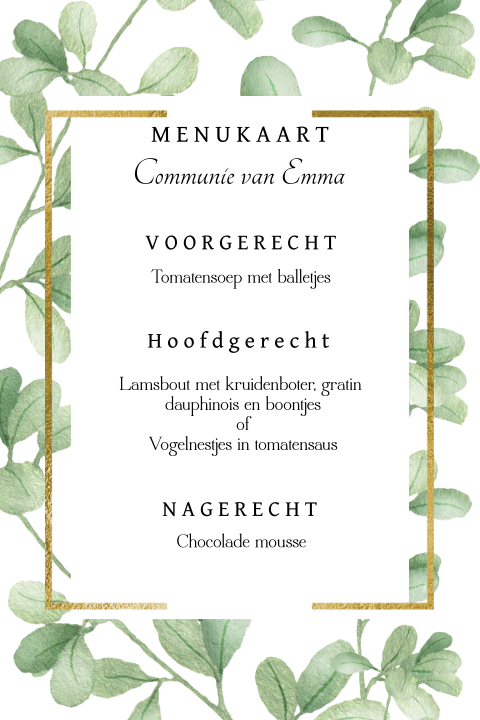Trendy menukaart met takjes en gouden kader