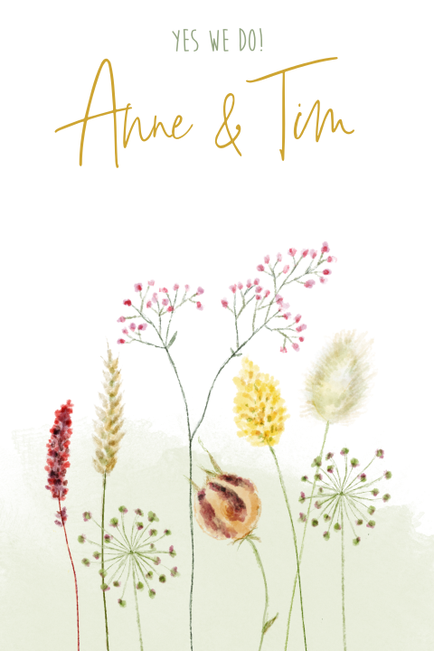 Floral trouwkaart met droogbloemen en namen in goudlook