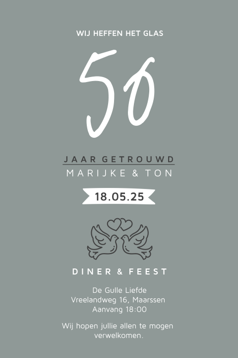 Moderne jubileumkaart 50 jaar getrouwd met duiven